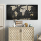 Three-panel canvas wall art featuring antique world map illustration, displayed above a cabinet in an entryway.