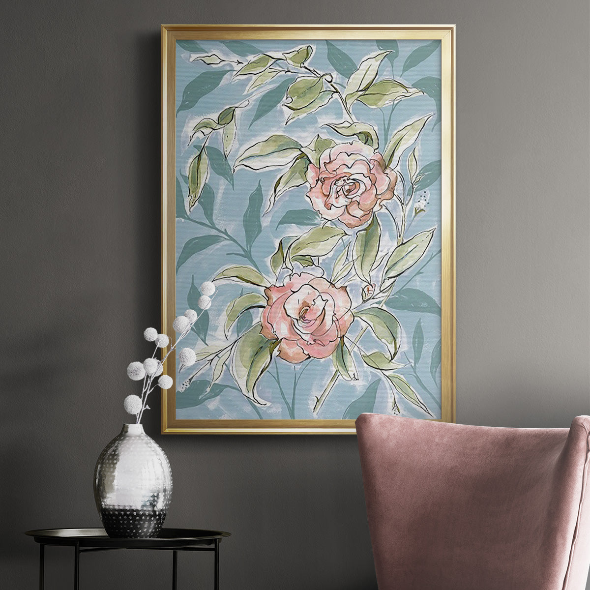 Faded Camellias II - Modern Framed Canvas Print