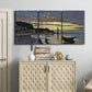 Three-panel canvas wall art featuring river at dusk with fading light, displayed above a cabinet in an entryway.