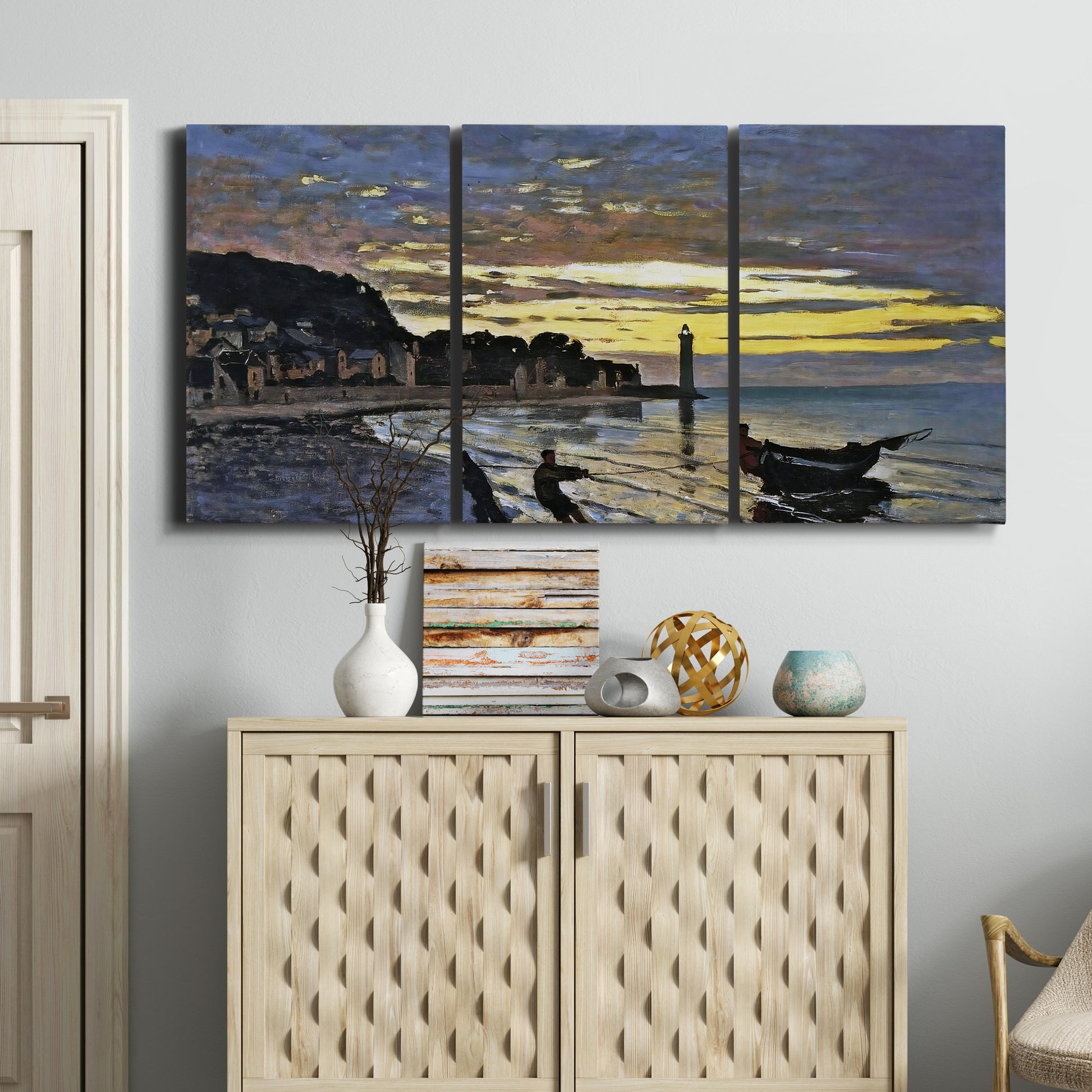 Three-panel canvas wall art featuring river at dusk with fading light, displayed above a cabinet in an entryway.