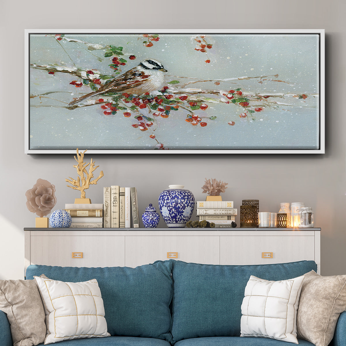 Woodpecker in Winter - Floater Framed Canvas Print