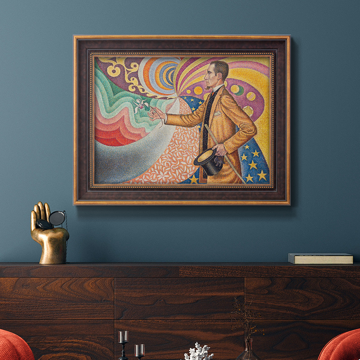 Neo-impressionist abstract portrait by Paul Signac in an ornate bronzed mahogany wood frame displayed in a dark-toned interior setting.