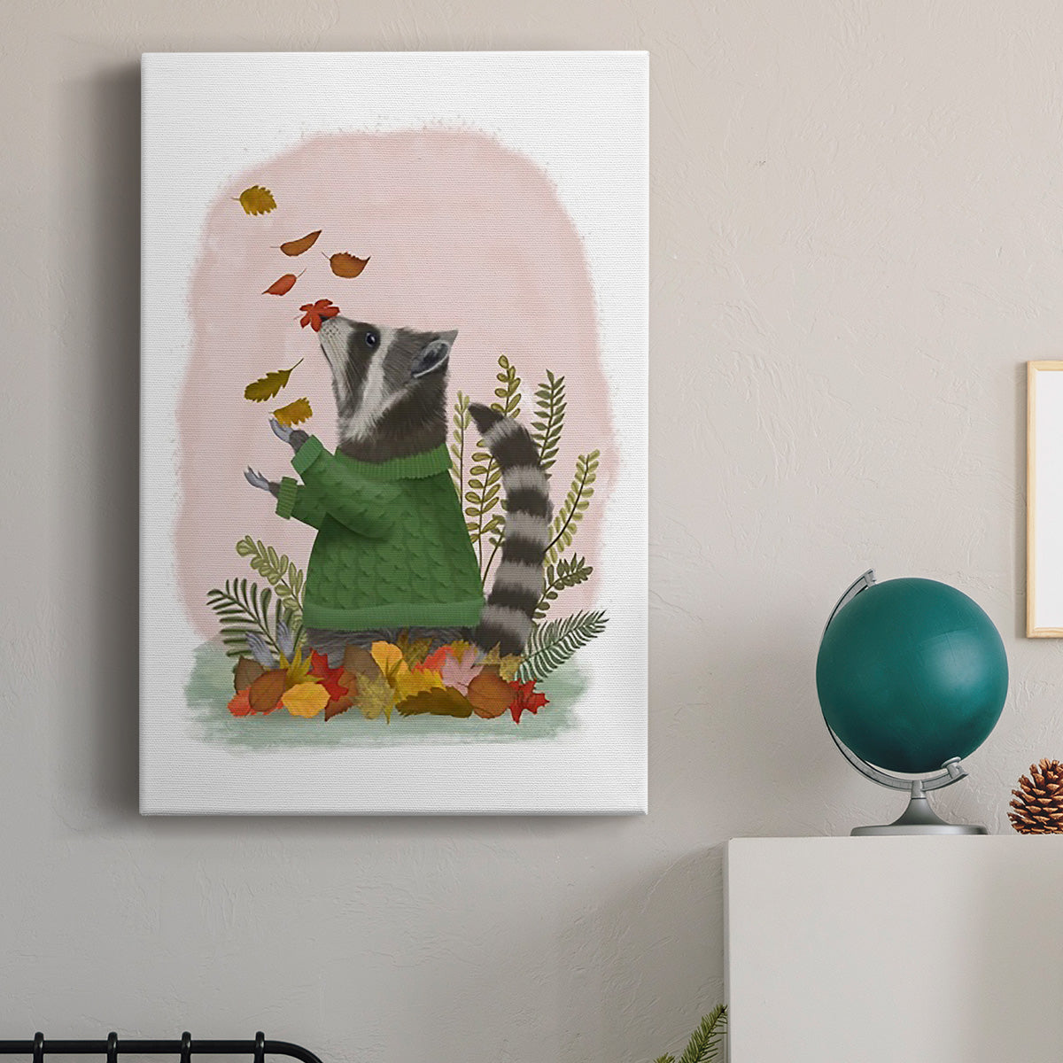 Raccoon Catching Leaves Premium Gallery Wrapped Canvas - Ready to Hang