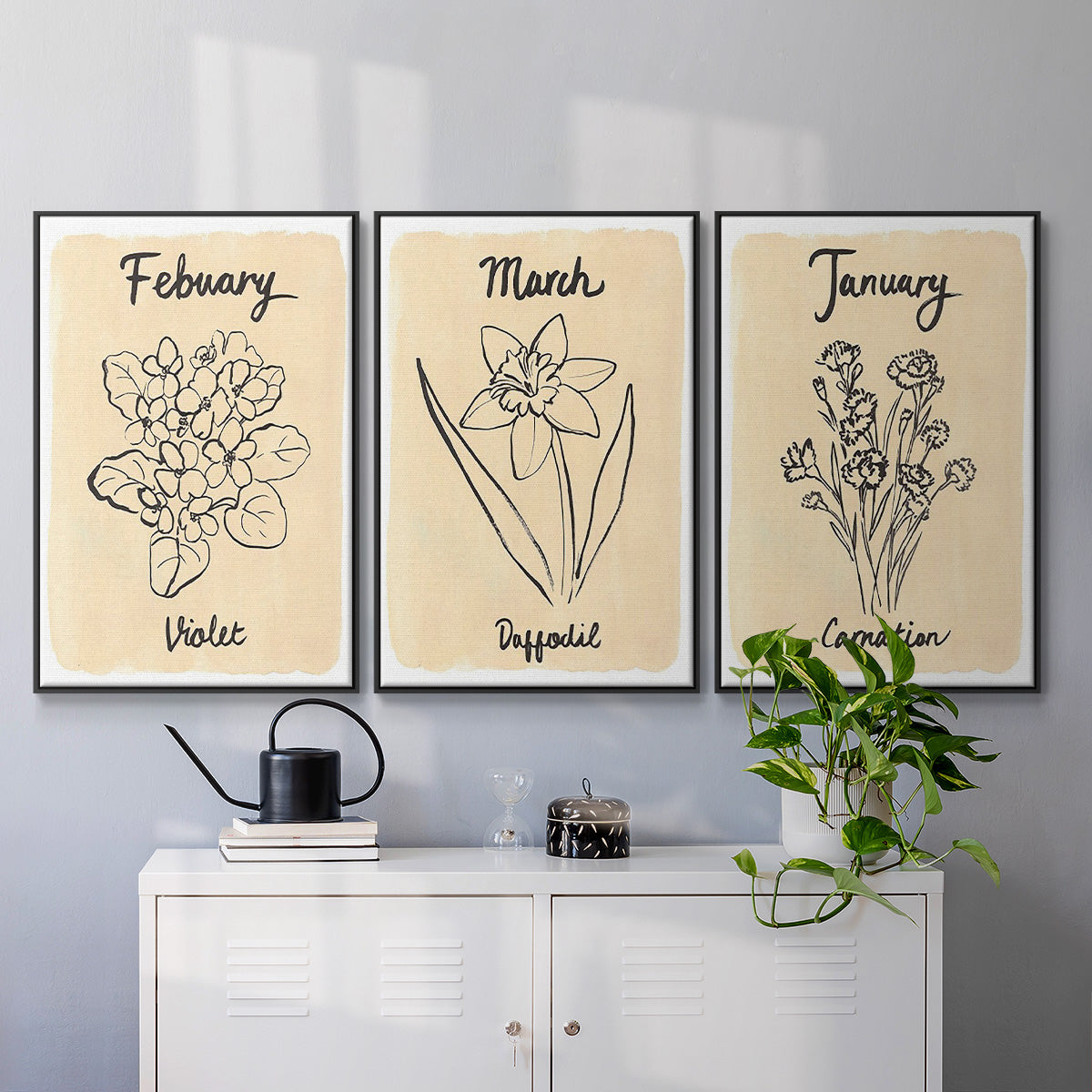 Birth Month I - Framed Premium Gallery Wrapped Canvas L Frame 3 Piece Set - Ready to Hang