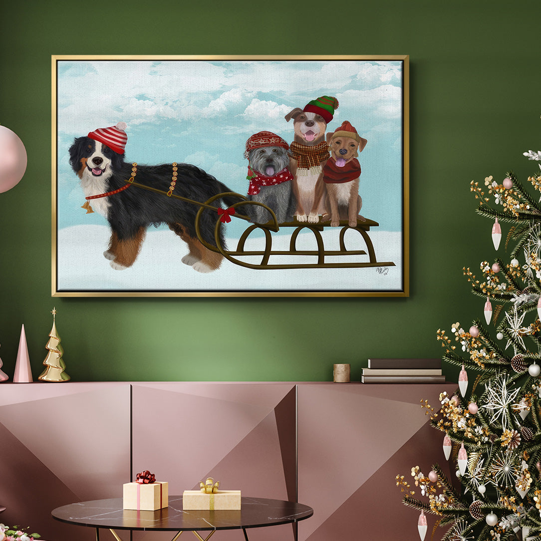 Christmas Mutt Sled - Floater Framed Canvas Print
