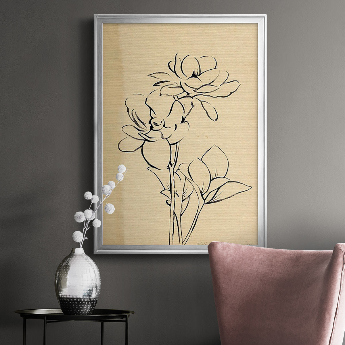 Magnolia Sketch II - Modern Framed Canvas Print