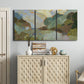 Three-panel canvas wall art featuring abstract landscape suggesting travel pause, displayed above a cabinet in an entryway.