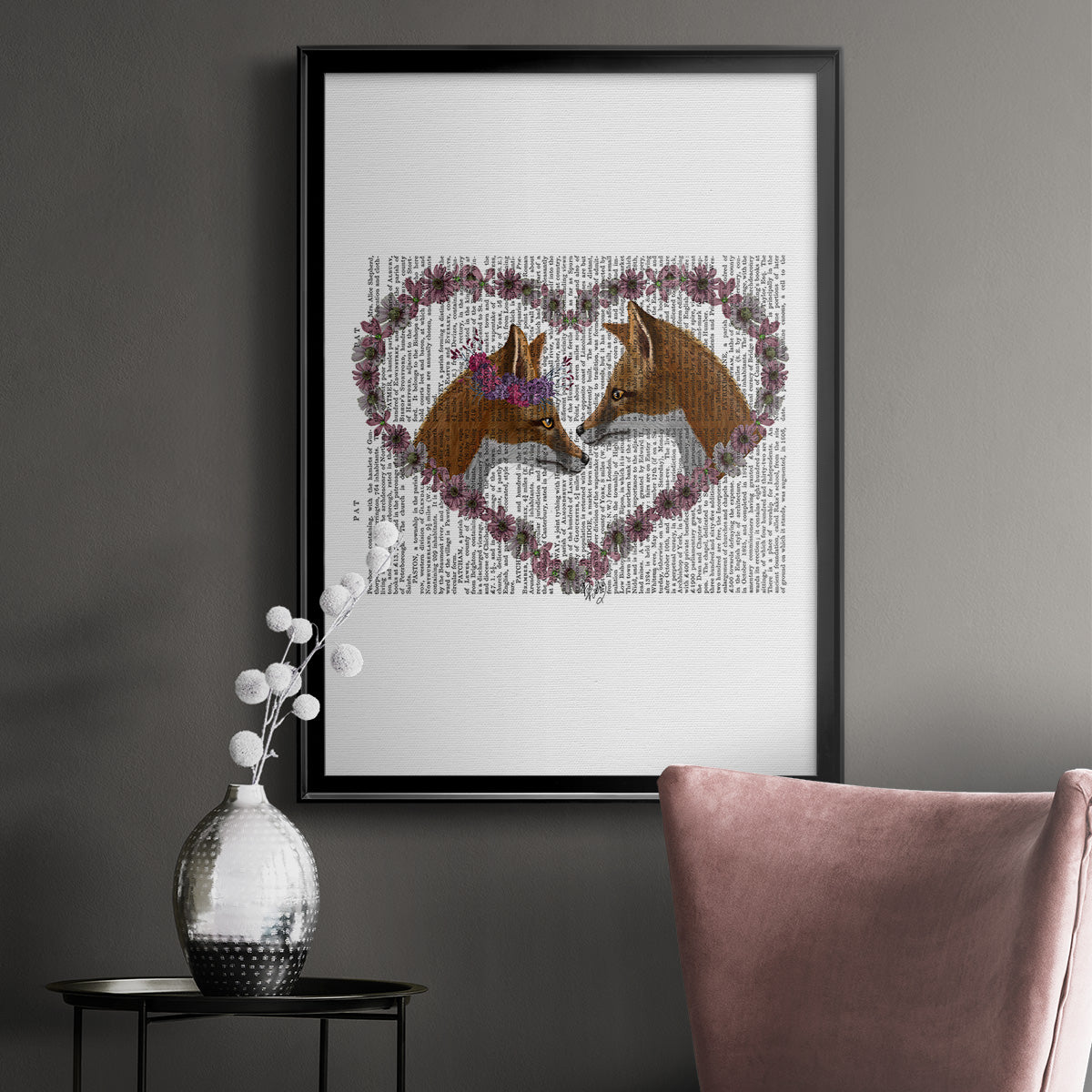 Foxes in Flowers - Modern Framed Canvas Print