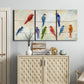 Three-panel canvas wall art featuring whimsical animal chatter illustration, displayed above a cabinet in an entryway.