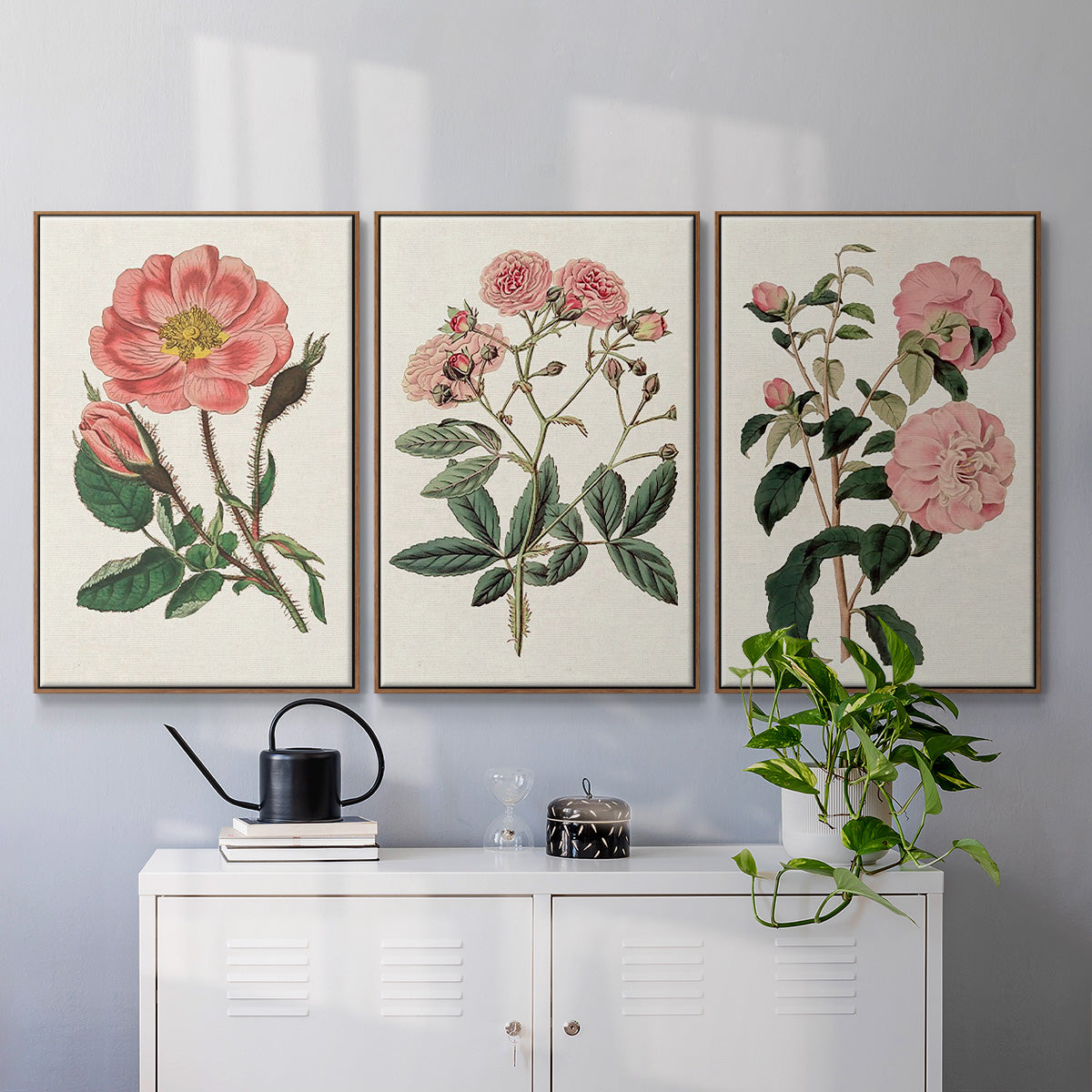 Pink Floral Mix IV - Framed Premium Gallery Wrapped Canvas L Frame 3 Piece Set - Ready to Hang