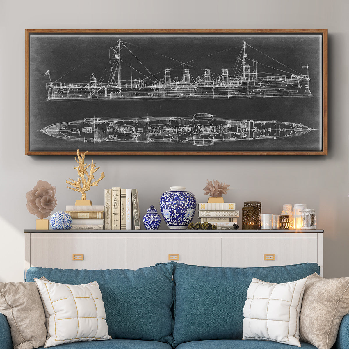 Navy Cruiser Blueprint - Floater Framed Canvas Print