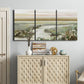 Three-panel canvas wall art featuring pastoral fields under soft sunrise, displayed above a cabinet in an entryway.