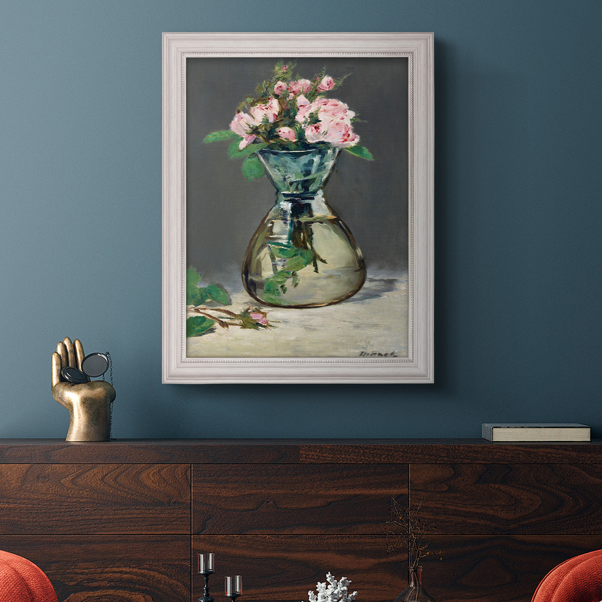 Moss Roses in a Vase - Ornate Framed Canvas Print