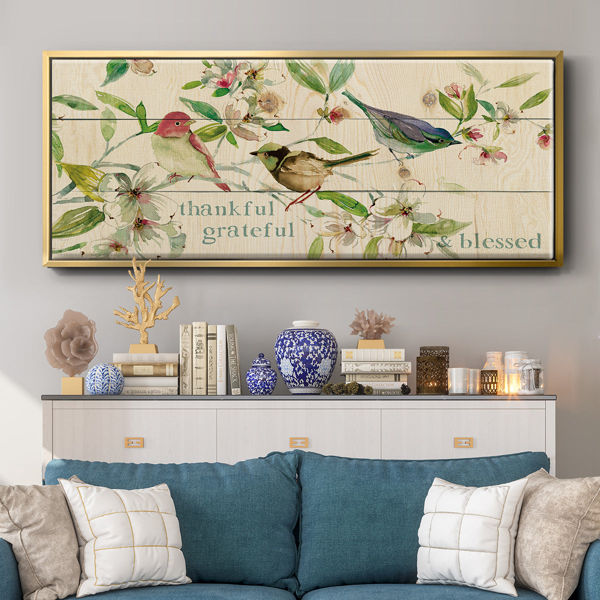 Grateful Thankful Blessed Birds - Floater Framed Canvas Print