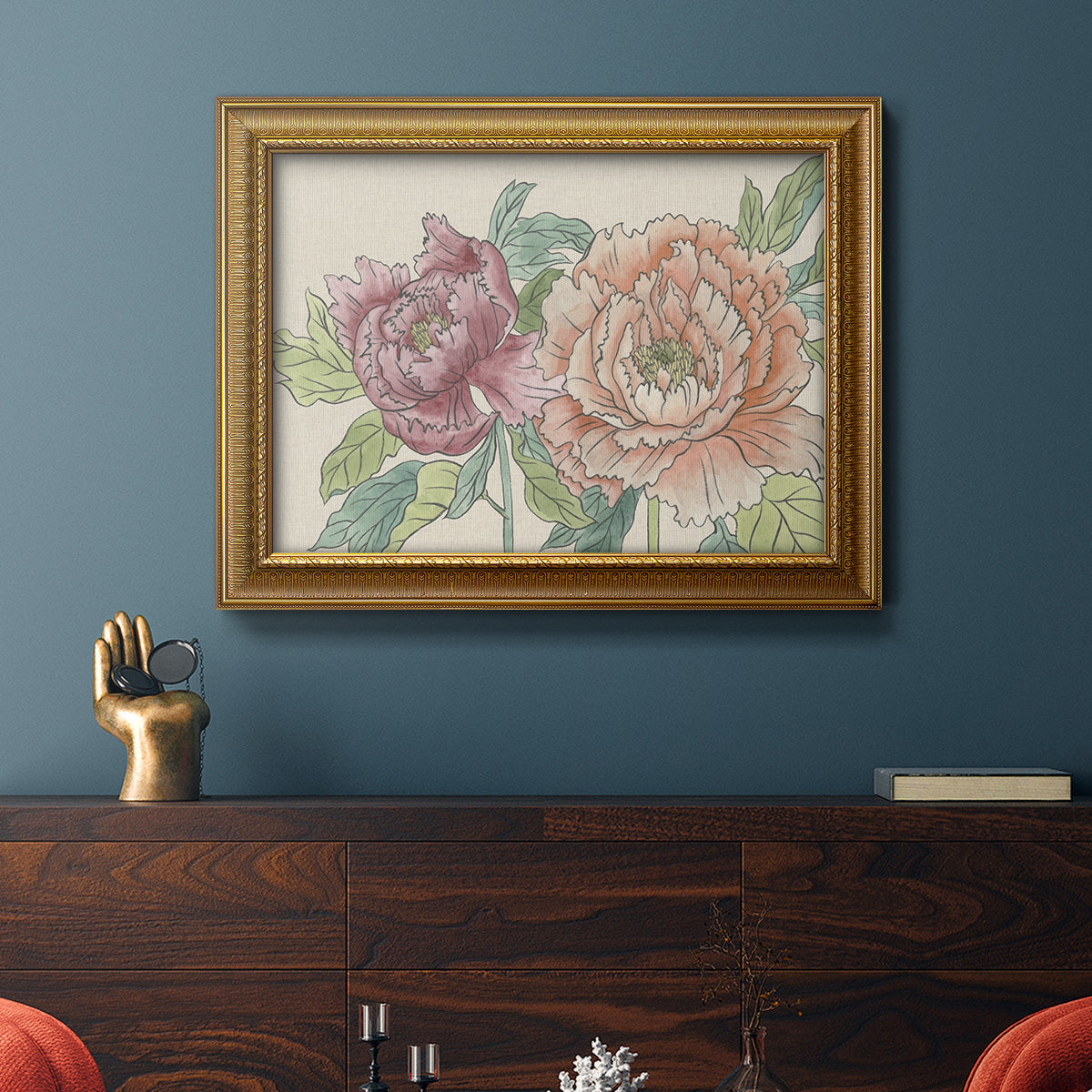 Modern peony floral drawing in an ornate traditional gold frame displayed in a dark-toned interior setting.