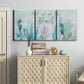 Three-panel canvas wall art featuring coastal typography with seahorses, displayed above a cabinet in an entryway.