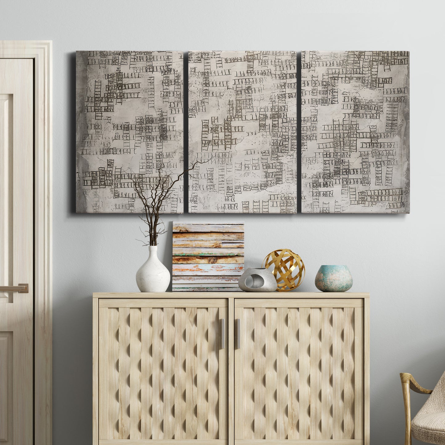 Three-panel canvas wall art featuring grid based geometric abstraction, displayed above a cabinet in an entryway.