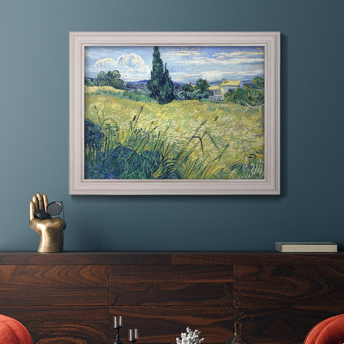 Green Wheat Field with Cypress - Ornate Framed Canvas Print