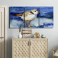 Three-panel canvas wall art featuring shorebirds standing in shallow water, displayed above a cabinet in an entryway.