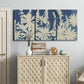 Three-panel canvas wall art featuring delicate lupine floral composition, displayed above a cabinet in an entryway.