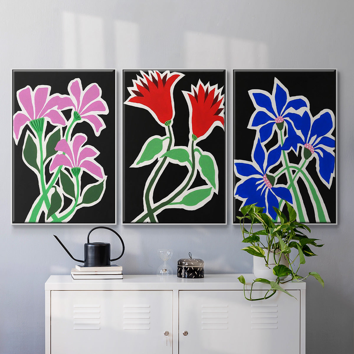 Pop Flowers IV - Framed Premium Gallery Wrapped Canvas L Frame 3 Piece Set - Ready to Hang