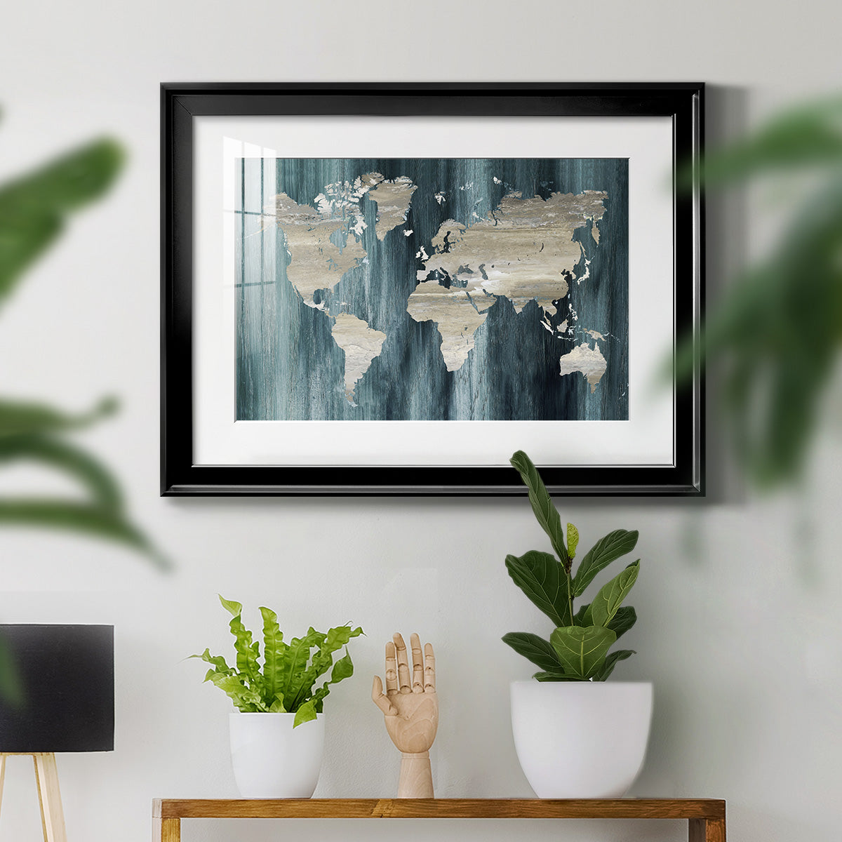 Navy World Map - Modern Framed Art Print