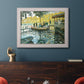 Impressionist riverside leisure scene by Claude Monet in an ornate weathered white frame displayed in a dark-toned interior setting.