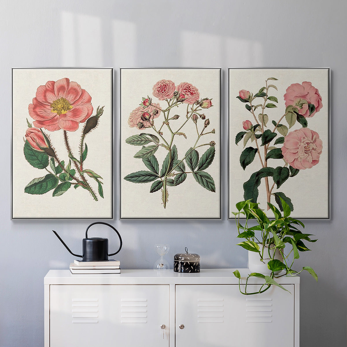 Pink Floral Mix IV - Framed Premium Gallery Wrapped Canvas L Frame 3 Piece Set - Ready to Hang