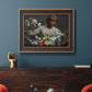 Traditional portrait of a woman holding peonies by Frédéric Bazille in an ornate bronzed mahogany wood frame displayed in a dark-toned interior setting.