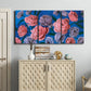 Three-panel canvas wall art featuring layered botanical petal abstractions, displayed above a cabinet in an entryway.