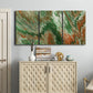 Three-panel canvas wall art featuring modern abstract layered pattern, displayed above a cabinet in an entryway.