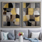 Set of two gray barnwood framed canvas prints depicting paired structured modern abstracts with semicircles, rectangles, textured panels, and metallic-looking accents above a sofa in a contemporary living room.