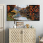 Three-panel canvas wall art featuring rowboat on quiet river bend, displayed above a cabinet in an entryway.