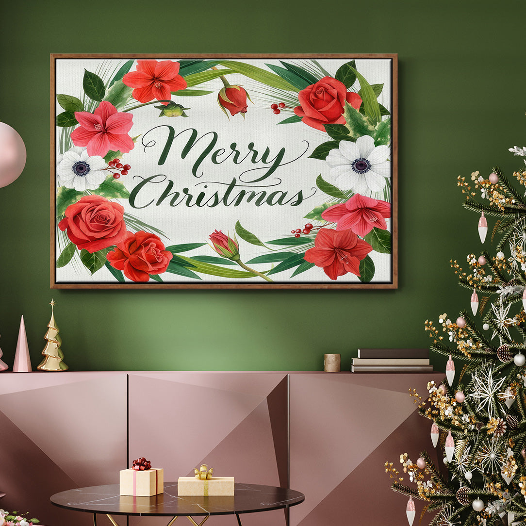 Christmas Flora Wreath Collection A - Framed Gallery Wrapped Canvas in Floating Frame