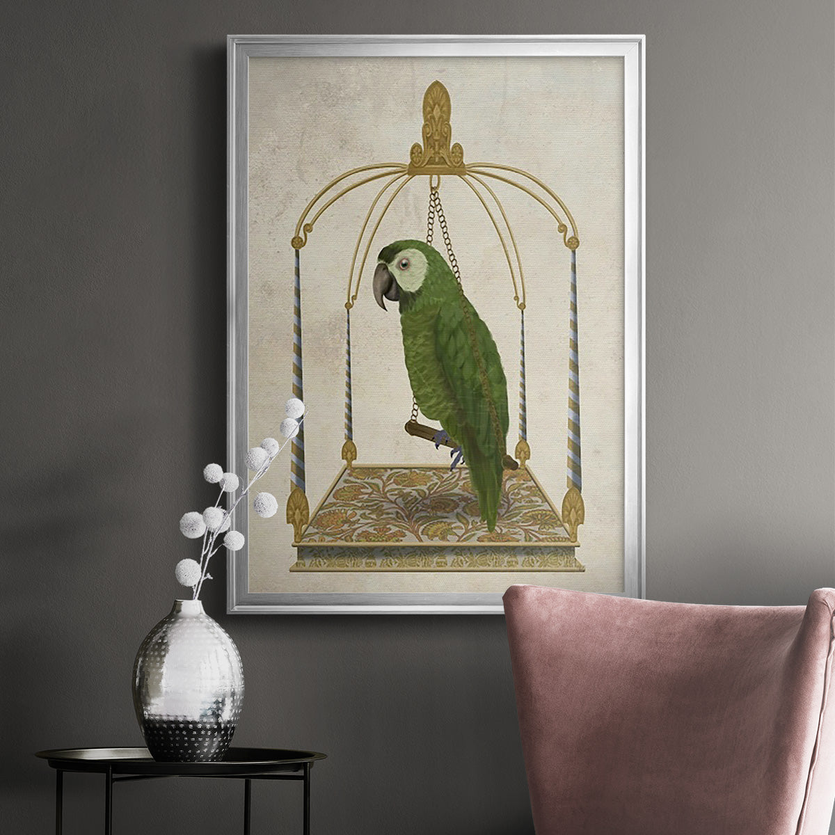 Green Parrot on Swing - Modern Framed Canvas Print