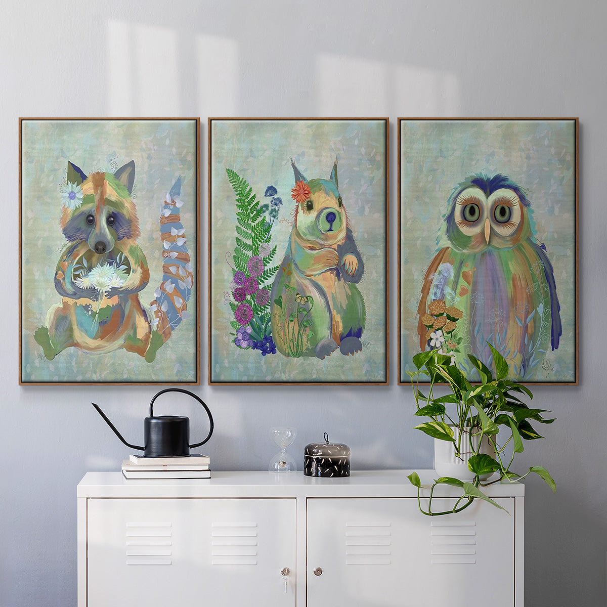 Fantastic Florals Owl - Framed Premium Gallery Wrapped Canvas L Frame 3 Piece Set - Ready to Hang