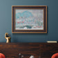 Impressionist coastal village landscape in Norway by Claude Monet in an ornate bronzed mahogany wood frame displayed in a dark-toned interior setting.