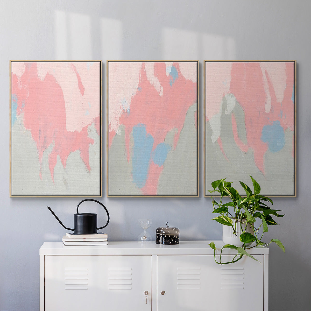 Blushing Abstract I - Framed Premium Gallery Wrapped Canvas L Frame 3 Piece Set - Ready to Hang