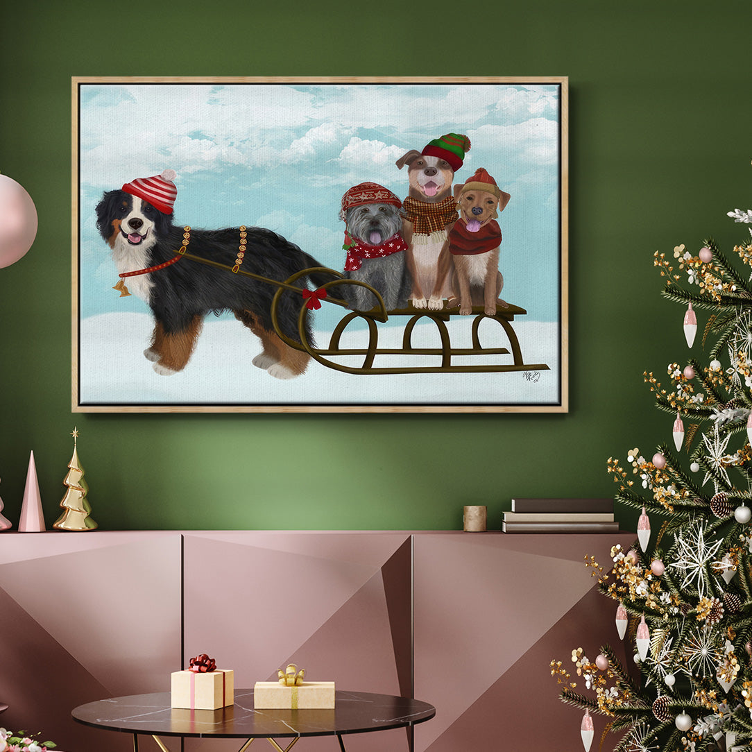 Christmas Mutt Sled - Floater Framed Canvas Print