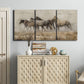 Three-panel canvas wall art featuring wild horses roaming open terrain, displayed above a cabinet in an entryway.
