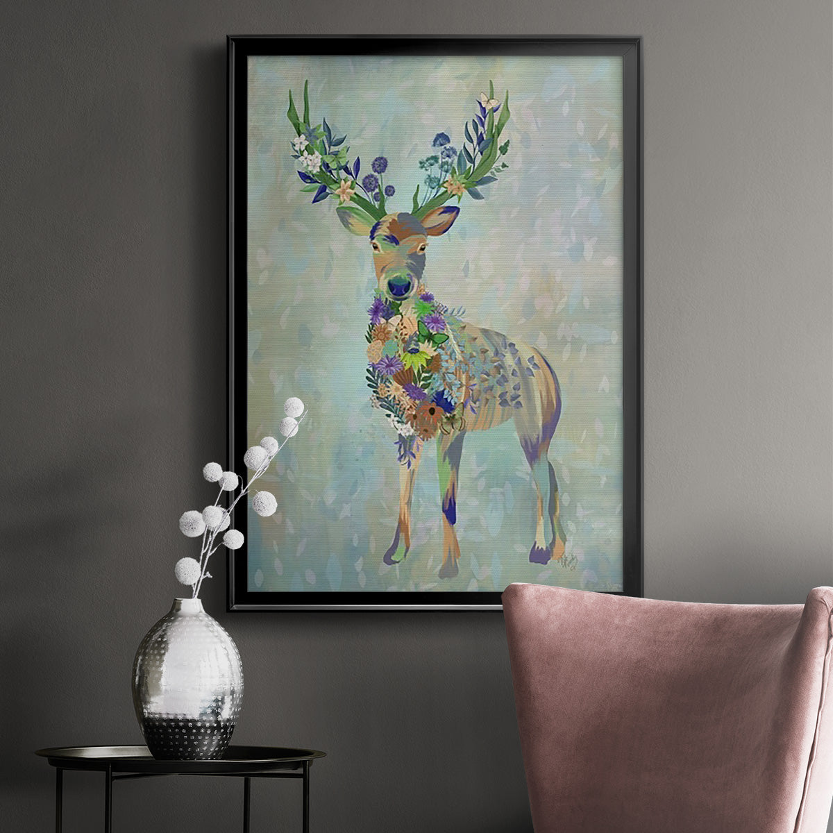 Fantastic Florals Deer, Full - Modern Framed Canvas Print