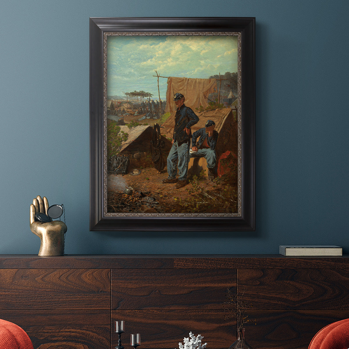 American genre scene of domestic life by Winslow Homer in an ornate black frame with gilded inner detail displayed in a dark-toned interior setting.