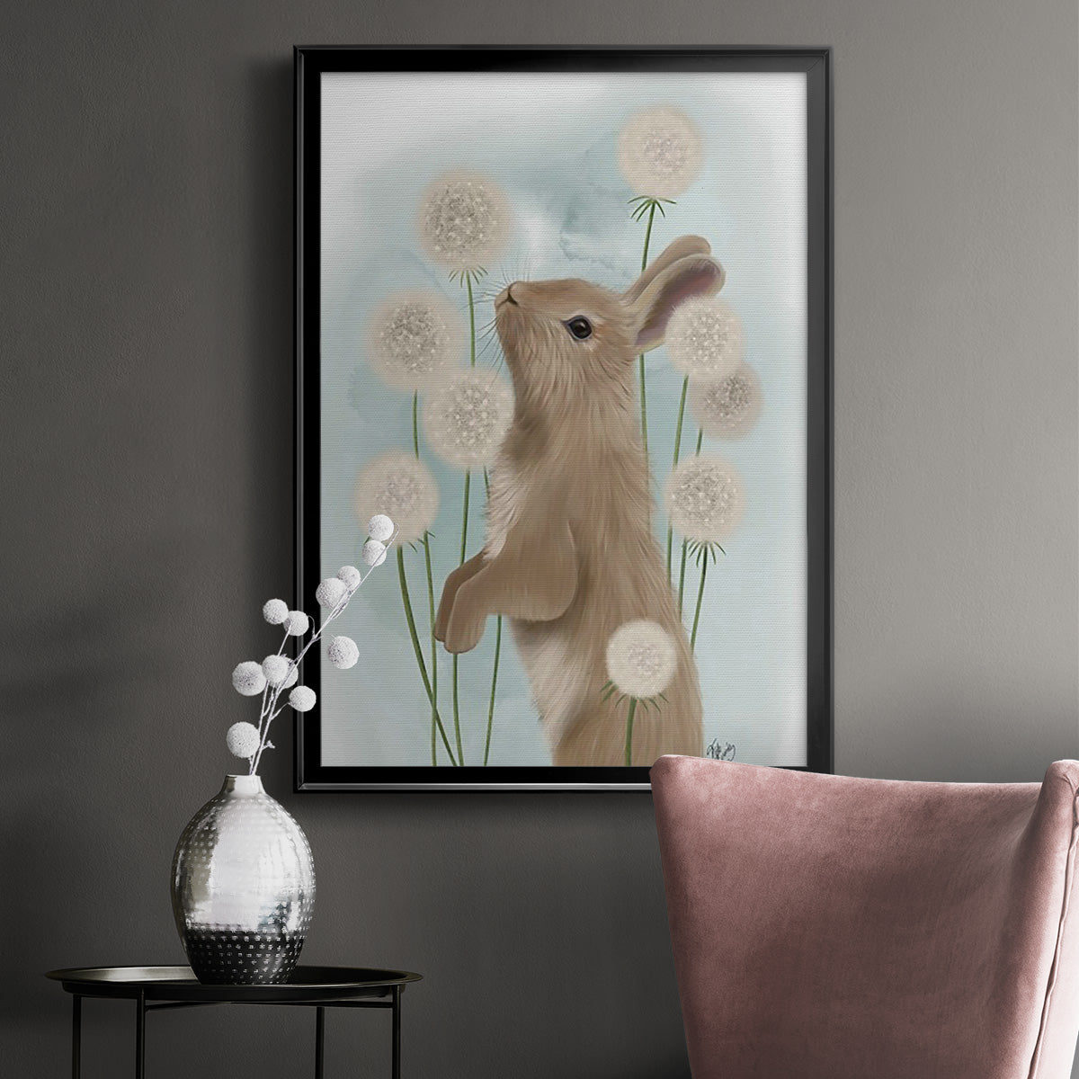 Rabbit In Dandylions - Modern Framed Canvas Print