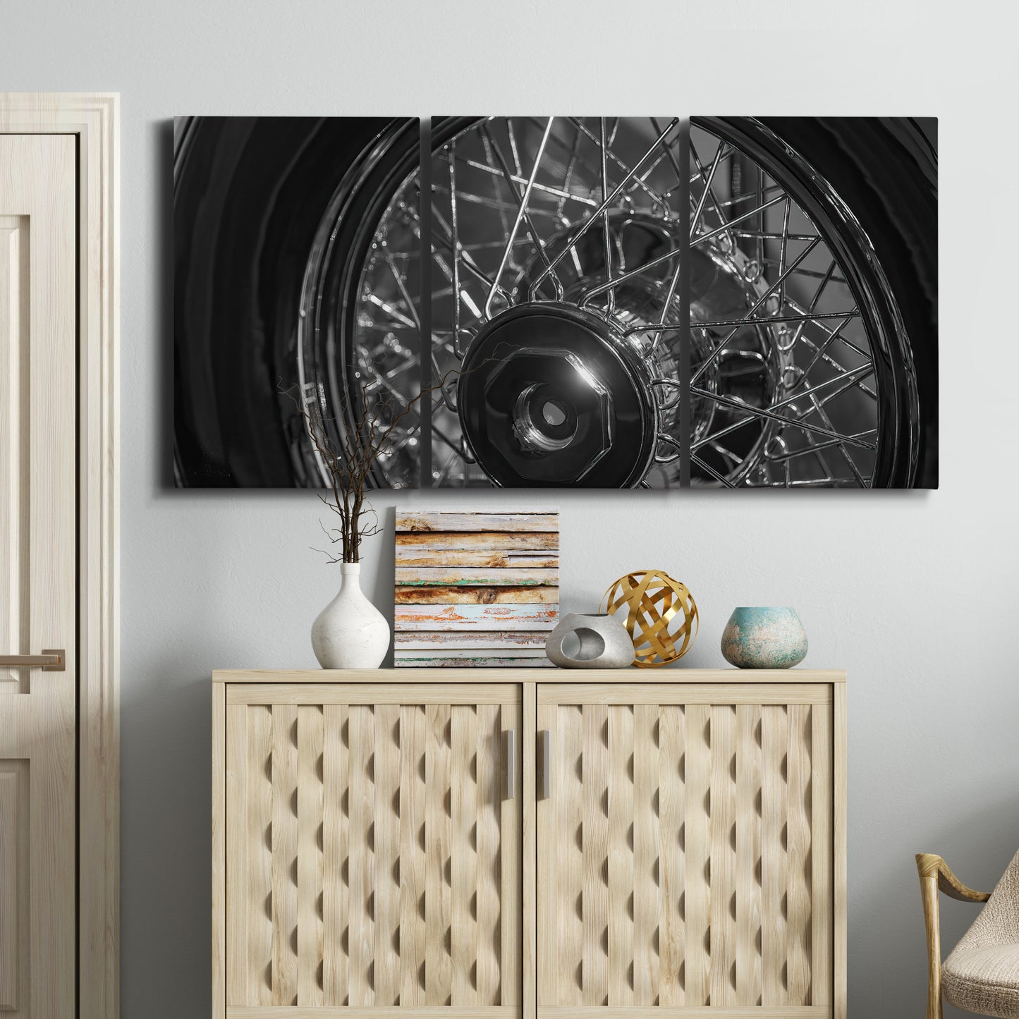 Three-panel canvas wall art featuring vintage car grille detail, displayed above a cabinet in an entryway.