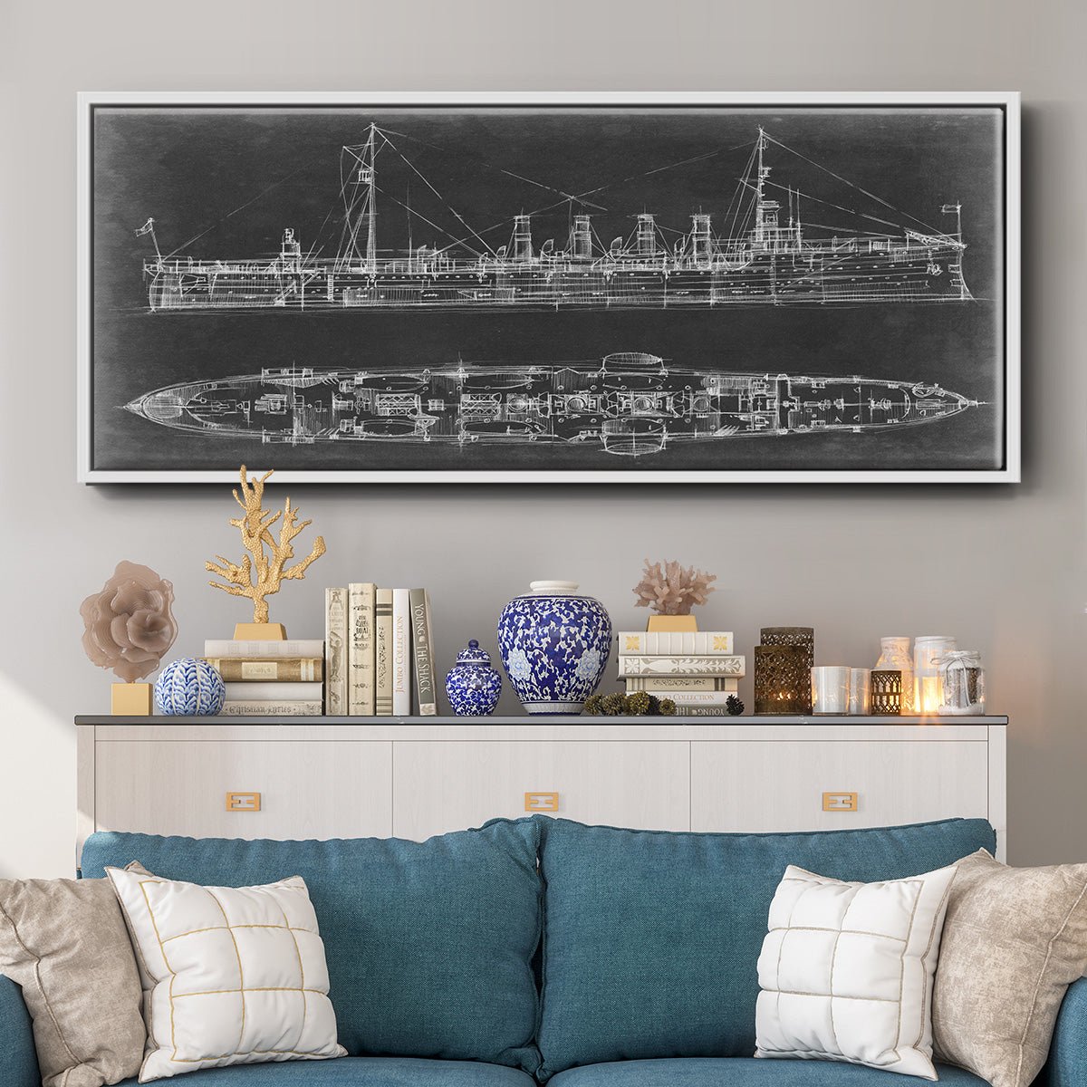 Navy Cruiser Blueprint - Floater Framed Canvas Print