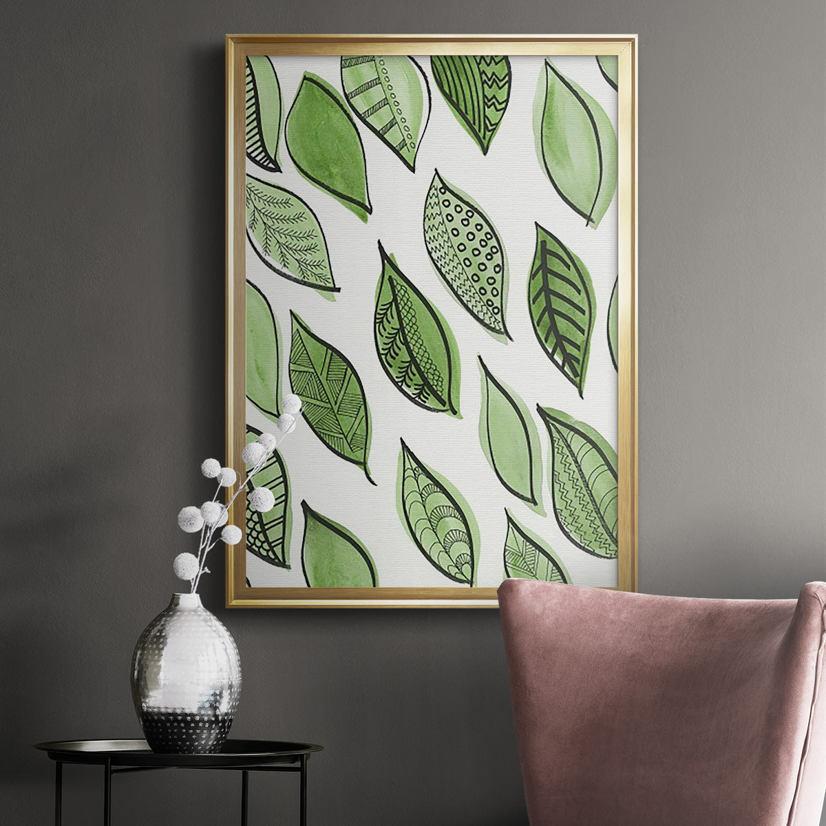 Patterned Leaf Shapes IV - Modern Framed Canvas Print