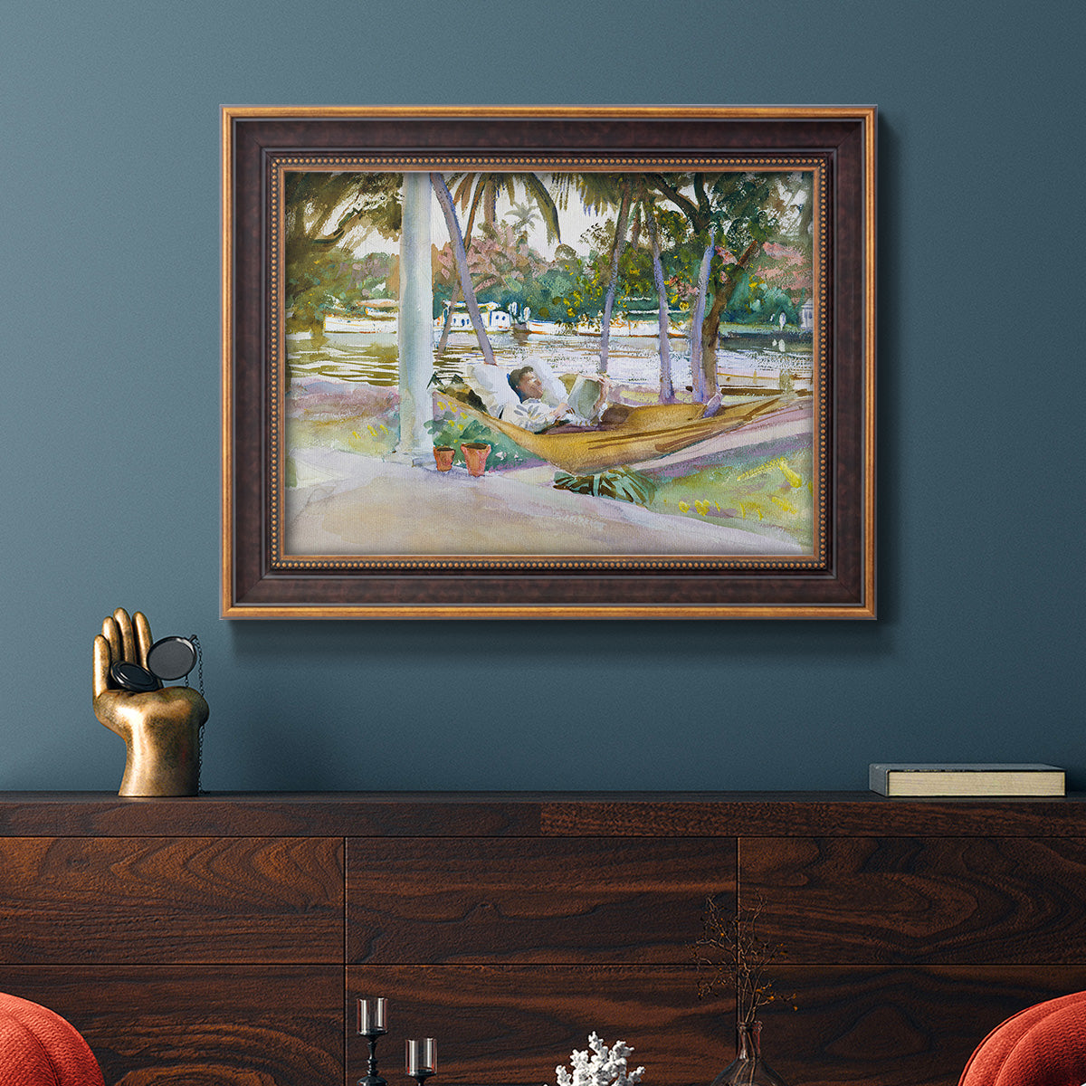 Impressionist leisure portrait scene by John Singer Sargent in an ornate bronzed mahogany wood frame displayed in a dark-toned interior setting.