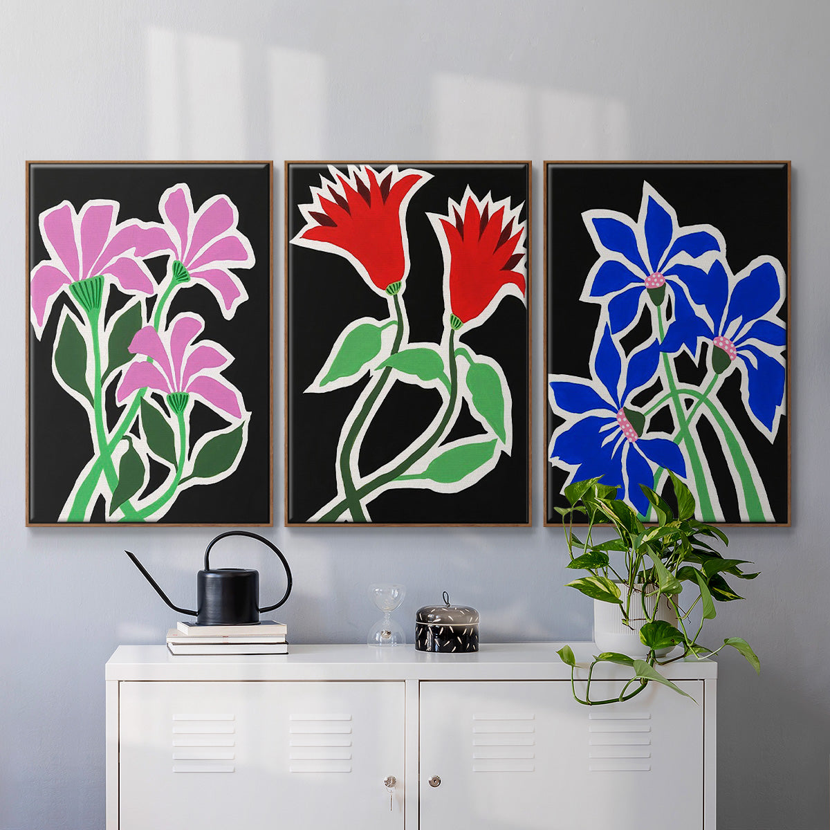 Pop Flowers IV - Framed Premium Gallery Wrapped Canvas L Frame 3 Piece Set - Ready to Hang