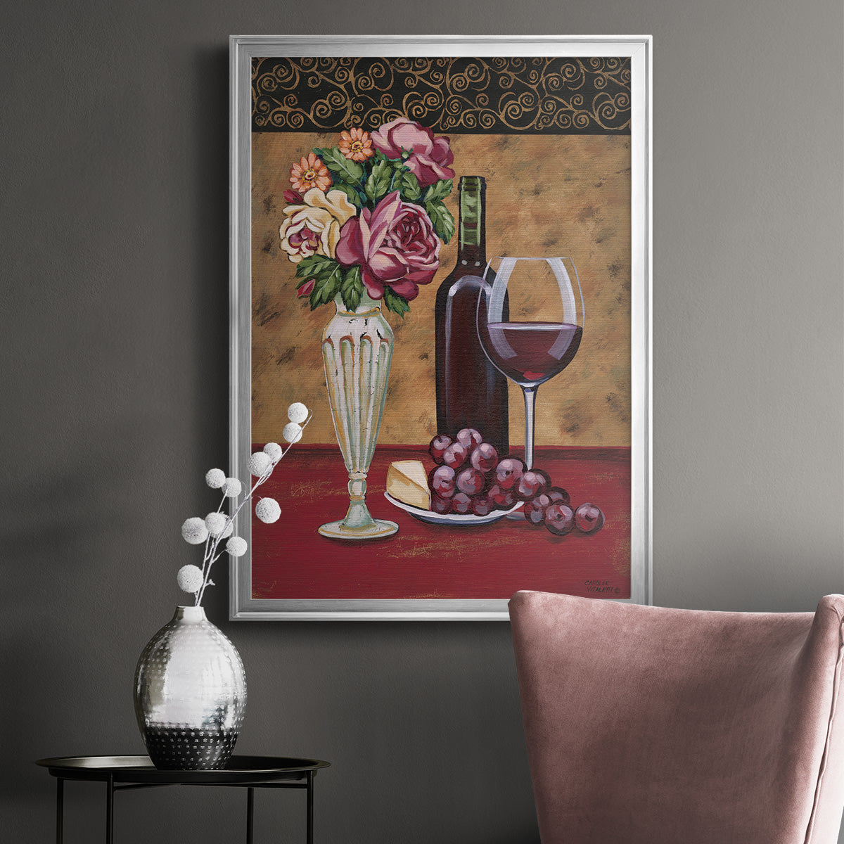 Vintage Flowers and Wine I - Modern Framed Canvas Print
