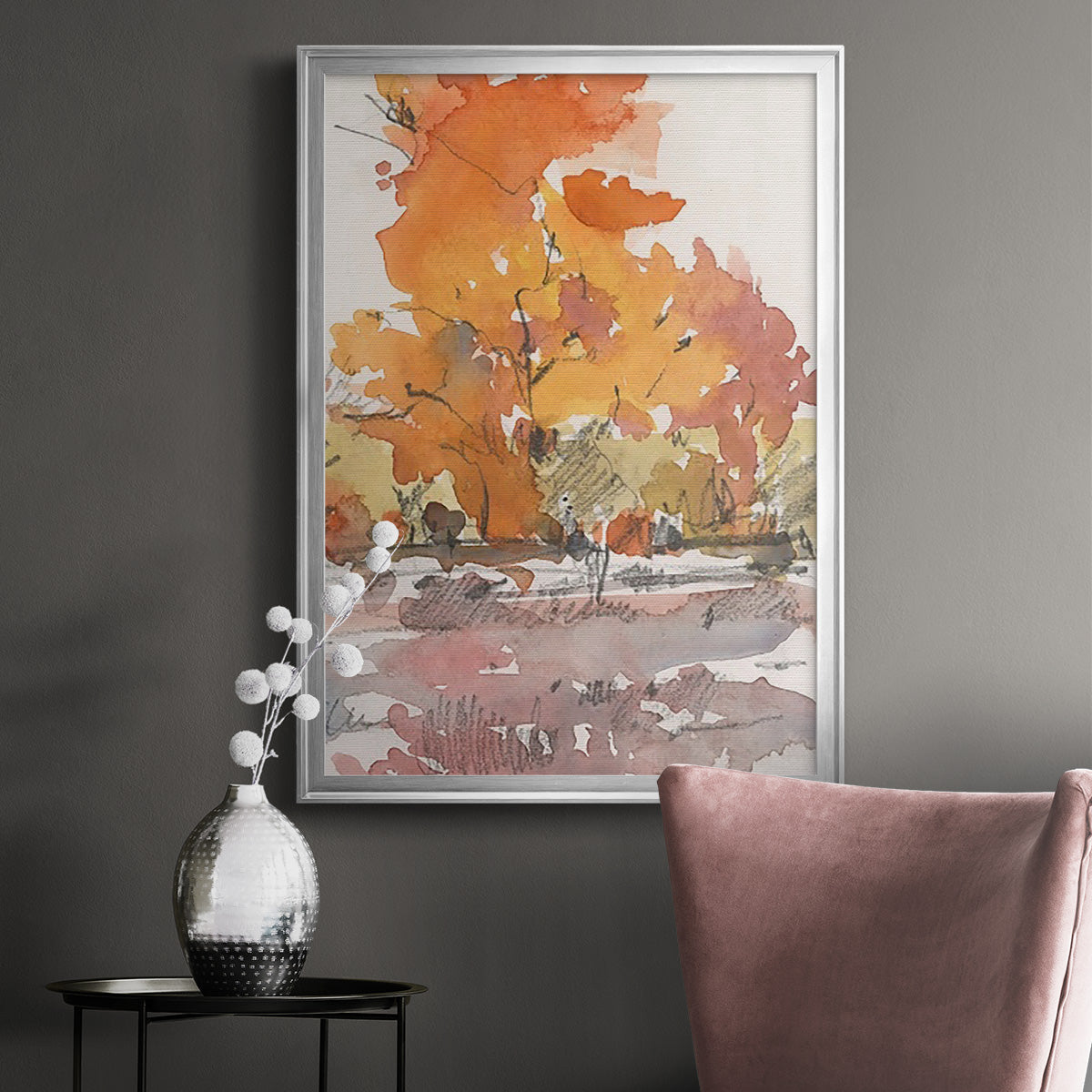 Watercolor Treeline Sketch II - Modern Framed Canvas Print